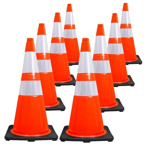 Brimar 28 Inch Traffic Cones, 8 Pack, Orange PVC Safety Cones with Black Base for Construction, Road Parking, MUTCD Approved Traffic Cones with 3M Reflective Bands, Structurally Stable Wearproof - size: 8 Pack