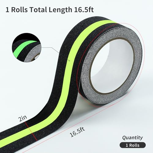 Heavy-Duty Anti-Slip Tape with Glow in the Dark Strips Non Skid Traction for Outdoor Steps, PET Stair Treads & Extreme Weatherproof, Safe for Kids/Pets (2in x16.5ft, 1roll) - color: 1PC, size: 2" x 16.5'