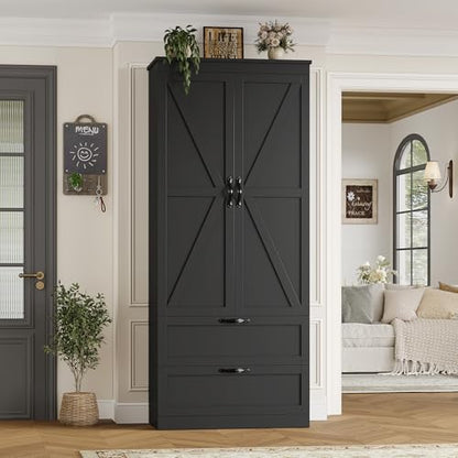 HOSTACK 70" Kitchen Pantry Storage Cabinet, Farmhouse Pantry Cabinet, Black - color: Black