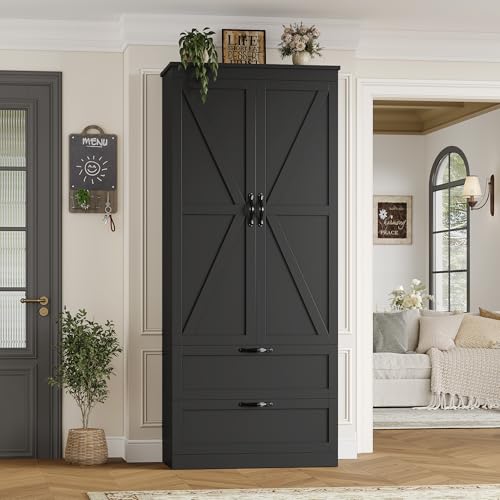HOSTACK 70" Kitchen Pantry Storage Cabinet, Farmhouse Pantry Cabinet, Black - color: Black