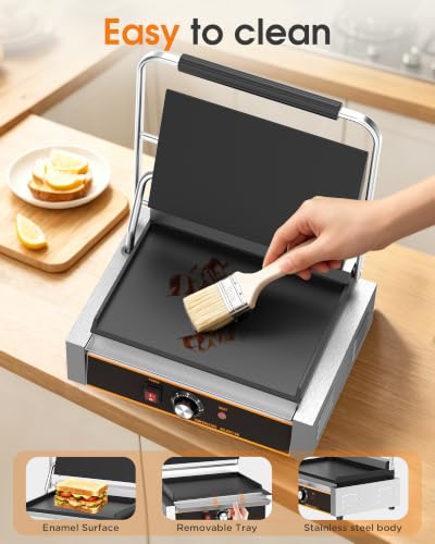 Commercial Panini Press - 2200W Electric Panini Sandwich Grill w/Nonstick Coating & Adjustable Temp, Stainless Steel, Panini Grill Press w/14"x9" Cooking Pan (Full Flat),Double-sided Heating - style: 14"x9" Smooth Plates