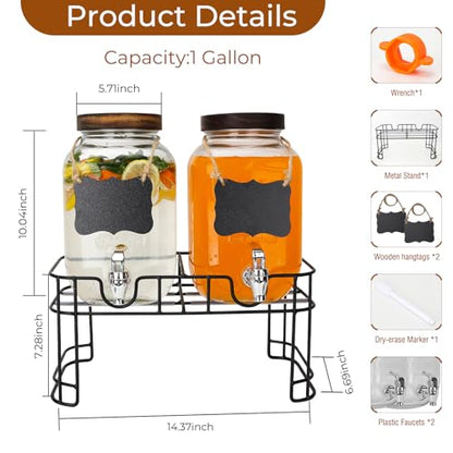 2 Pack 1 Gallon Glass Drink Dispensers with Wood Lid, Stand, Spigot - size: 2 Pack 1 Gallon with Wood lid