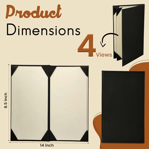 Prestine Menu Covers Made of Premium Faux Leather (10-Pack) - 8.5" x 14" - 4 Views - Black - Restaurant Menu - Wine List - Bar Menu - size: 8.5”x14” - 4 Views