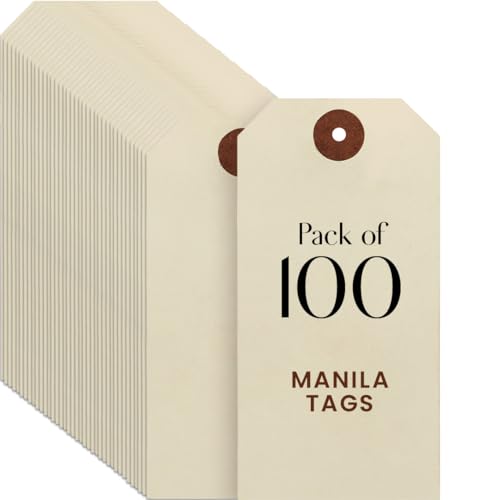 Blank Manila Shipping Tags Set of 100, Size #5, 9pt Paper Cardstock Hang Tag Label with Reinforced Eyelets, 4 3/4" x2 3/8" (No Attachments)