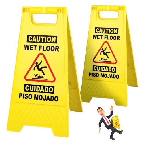 24 Inches Caution Wet Floor Sign Bright Yellow Double Sided Bilingual Caution Message Folding A-Shaped Frame Design Safety Warning Wet Floor Sign Collapsible Commercial Warning Sign Prevent Slip