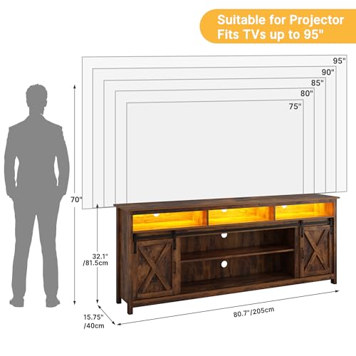 80in Wooden Farmhouse Entertainment Center for 90/85 inch TV,Double Layer Storage Farmhouse TV Stand,Double-Row Sockets with Wood Sliding Barn Door TV Stand(Double Layer Vintage Brown) - color: Double Layer Vintage Brown, size: 80.7in