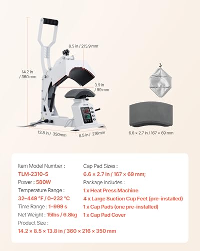 VEVOR Hat Heat Press Machine, 8.5 x 4 in Large Heating Plate, with Caps Stretcher, Precise Temperature & Time Control, Heat Press for Hats and Caps, for HTV Iron On and Sublimation Projects, White - color: White