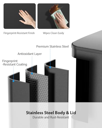 Lovewind Dual Trash and Recycling Bins for Kitchen, 2 * 11-Gallon Stainless Steel Double Trash Can, Step-On Garbage and Recycle Combo, Quiet Close, Pet-Proof, Compatible with 13-Gallon Bags, Black - color: Black, size: 2 x 11 Gallon