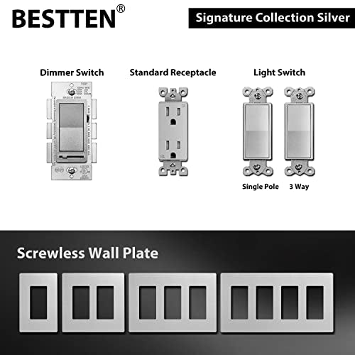 BESTTEN 5 Pack Matte Silver Dimmer Light Switch, Single Pole or 3-Way - color: Matte Silver