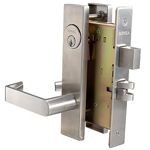 SOPHIA Commercial/Residential Heavy Duty Mortise Lockset Lock Non-Handed Grade 1 - Escutcheon Plate Keyed Lever Lockset, ADA, US32D Satin Chrome Finish for Dormitory Front Door