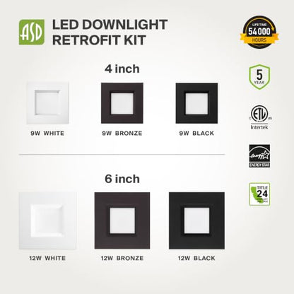 ASD LED Retrofit 4 Inch Recessed Lights - Square 9W 709LM 2700-5000K Recessed Lighting 4 Inch, Wet Rated Dimmable Can Lights, Baffle Trim Wafer Lights, UL 12 Pack - color: White, size: 12 Pack