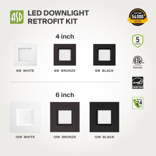 ASD LED Retrofit 4 Inch Recessed Lights - Square 9W 709LM 2700-5000K Recessed Lighting 4 Inch, Wet Rated Dimmable Can Lights, Baffle Trim Wafer Lights, UL 6 Pack - color: White, size: 6 Pack
