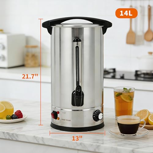 100-Cup Coffee Urn, 14L / 3.8Gal Double Wall Insulation Coffee Dispenser, Stainless Steel Large Hot Beverage Dispenser with Automatic Temperature Control & Faucet Commercial Coffee Urn, Silver - color: Silver, size: 14L/3.7Gal