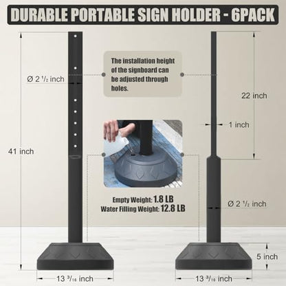 Sign Post Holder and Water-Fillable Base Set, Black, 6 Pack