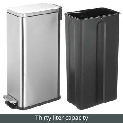 mDesign Slim Metal Rectangle 7.9 Gallon Trash Can with Step Pedal, Easy-Close Lid, Removable Liner - Narrow Wastebasket Garbage Container Bin for Bathroom, Bedroom, Kitchen, Office - Brushed Chrome - color: Brushed, size: 7.9 Gallon