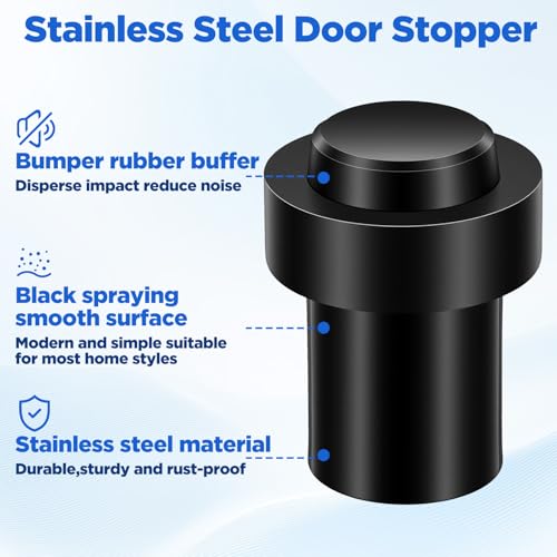 10 Pack Floor Door Stopper Chrome Door Stop Wall Mount Rubber Bumper Mounted Floor Stops Stopper Stainless Steel for Door Wall Bottom or Top 2.4 Inch Black