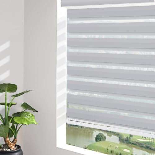 Changshade Custom Size Cordless Zebra Blinds for Window, Light Filtering Dual Layer Free-Stop Roller Zebra Shades Light Control for Day and Night Fabric Blinds for Home Easy Installation Charcoal Gray - color: Light Charcoal Gray, size: Drill Installation