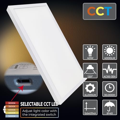 LED ATOMANT 1x2 LED Surface Mount Panel Light 40W 4000LM, 5CCT Selectable 3000K/3500K/4000K/4500K/5000K, Power Selectable 20W to 40W, Dimmable with 0-10V Dimmer