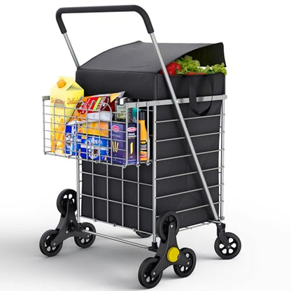 Our Modern Space Stairs Climbing Shopping Cart w/Waterproof Basket Liner & 360° Swivel Wheels | Foldable Collapsible & Lightweight | Perfect for Groceries Laundry Utility Cart - Silver - color: Silver