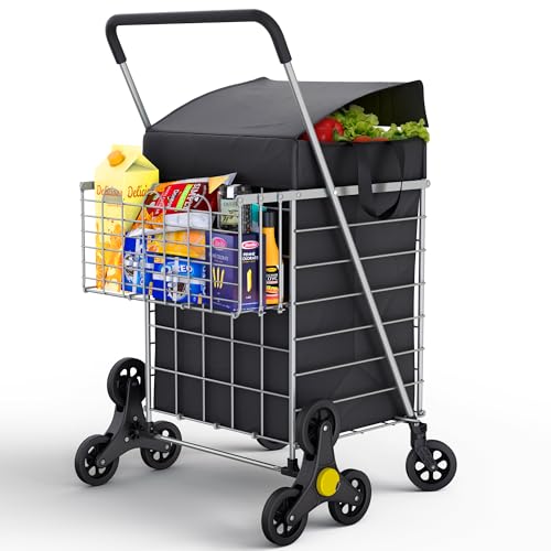 Our Modern Space Stairs Climbing Shopping Cart w/Waterproof Basket Liner & 360° Swivel Wheels | Foldable Collapsible & Lightweight | Perfect for Groceries Laundry Utility Cart - Silver - color: Silver