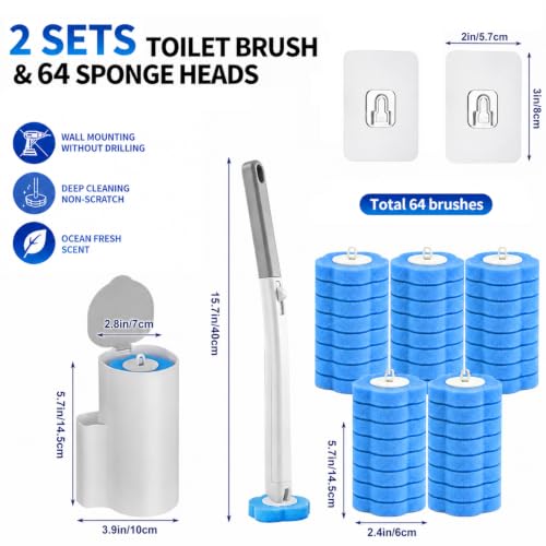 Disposable Toilet Brush Kit with 2 Handles & Holders, 64 Refill Heads - size: 2 Handles & Holders + 64 Refills