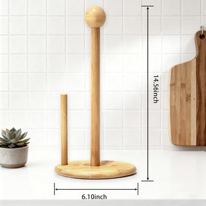 Bamboo and Wood Wooden Tissue Rack countertop, Kitchen and Dining Bathroom Vertical Round Ball Double Column Tissue Rack, Large Plate Stable Round Base, Suitable for Standard and Large tissues