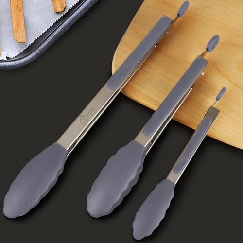 HOTEC Premium Stainless Steel Locking Kitchen Tongs with Silicon Tips, Set of 3-7", 9" and 12" (Grey) - color: Light Grey:12+9+7inch