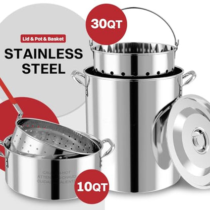 30QT Turkey & 10QT Fish Fryer Set | Stainless Steel Pot | Outdoor Fryer - size: 30QT+10QT+Cover+Skimmer