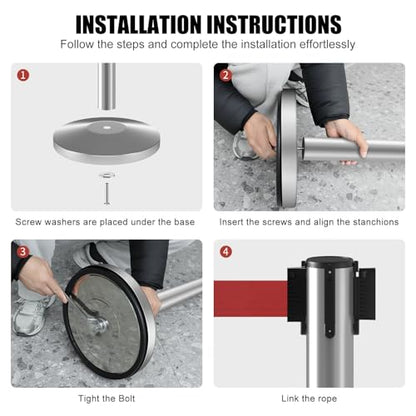 kaiyomi 2 Pack Stanchions with Retractable Barriers 11 Feet Belts (Silver) - color: Silver