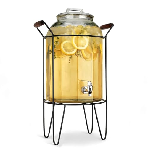 3 Gallon Glass Ice Cold Beverage Dispenser - With Glass Lid and Handle Drink Dispenser With Metal Stand, 100% Leak Proof Spigot- Wide Mouth Easy Filling For Outdoor, Parties & Daily Use - color: Clear Stand-3 Gallon