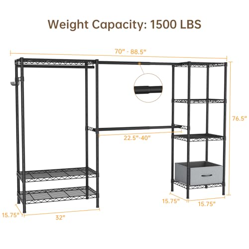 Golpart Heavy Duty Clothing Rack with Adjustable Shelves Clothes Wardrobe - color: Black, size: 15"DX(70-87)"WX74.5"H