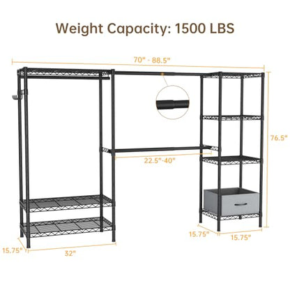 Golpart Heavy Duty Clothing Rack with Adjustable Shelves Clothes Wardrobe - color: Black, size: 15"DX(70-87)"WX74.5"H