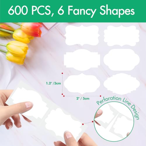 Removable Blank Sticker 6-Shape Labels, 600 PCS, 2 Rolls - color: White（water/Oil）, size: 1.2” x 2”
