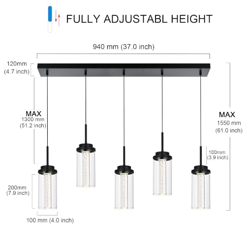 MELUCEE 5-Light Black Chandelier for Dining Room with Clear Glass Shade - color: Black, size: 5-Light-Rectangle