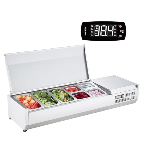 Refrigerated Condiment Prep Station – 140W Countertop Commercial Condiment Cooler with 3-1/3 & 4-1/6 Pans, 304 Stainless Steel Body, PC Lids, Stainless Steel Hinged Guard – ETL Certified – Silver - size: Large