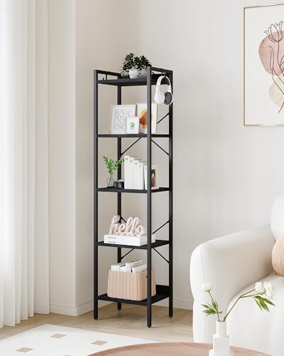 Hzuaneri Bookshelf, Book Shelf, Industrial Bookcase with 2 Hooks - color: Black, size: 9.4"D x 15.7"W x 63"H
