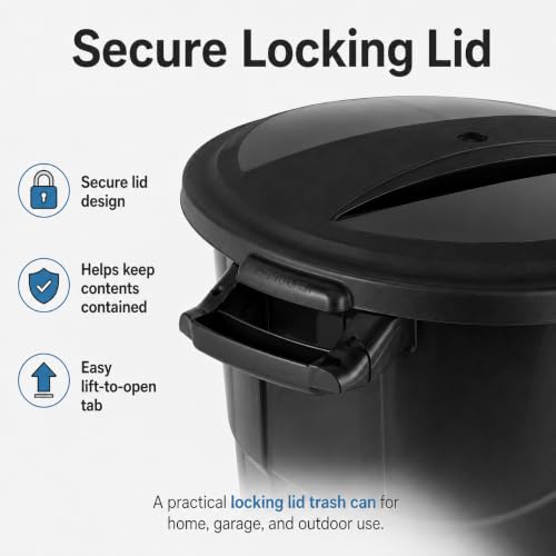 20 Gallon Heavy Duty Trash Can with Click-Lock Lid, Black Plastic Bin