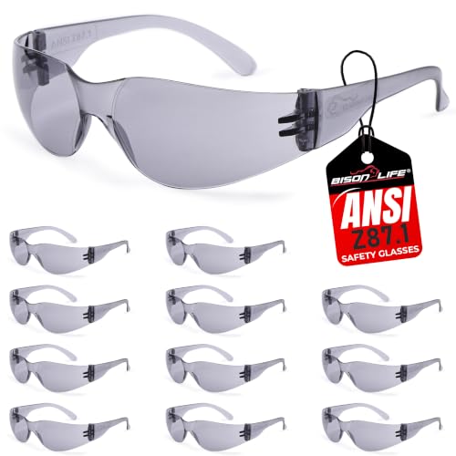 BISON LIFE Gray Safety Glasses for Men & Women, Bulk, ANSI Z87.1, 12 Pack - color: Gray/Gray