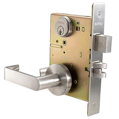 SOPHIA Commercial/Residential Heavy Duty Mortise Lockset Door Lever Lock Non-Handed Grade 1 - Rose Only Keyed Lever Lockset, ADA, US32D Satin Chrome Finish for Dormitory Front Door