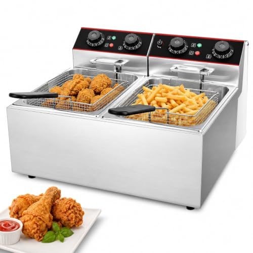 23 QT Commercial Deep Fryer with Double Baskets and Lid, Electric Stainless Steel Countertop Commercial Oil Fryer, Adjustable Temperature Control, for Kitchen and Restaurant