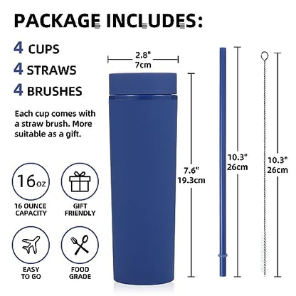 Volhoply 16oz Plastic Skinny Tumbler with Lid and Straw Bulk 4 Pack,Insulated Double Wall BPA Free Matte Acrylic Tumblers,Iced Coffee Travel Mug Reusable Party Cup,Customizable Diy Gifts(Navy,4 Set) - color: Navy