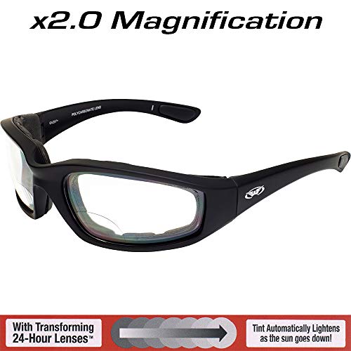 Global Vision Kickback Auto-Darkening Photochromic Bifocal Safety Glasses Clear to Smoke, Padded Frame, ANSI Z87.1 Certified - color: +2.0 Bifocal