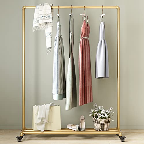 Industrial Gold Clothing Racks on Wheels, Boutique Display Gold Clothes Rack with Shelf, Rolling Garment Rack for Retail Use - style: pipe-3rod