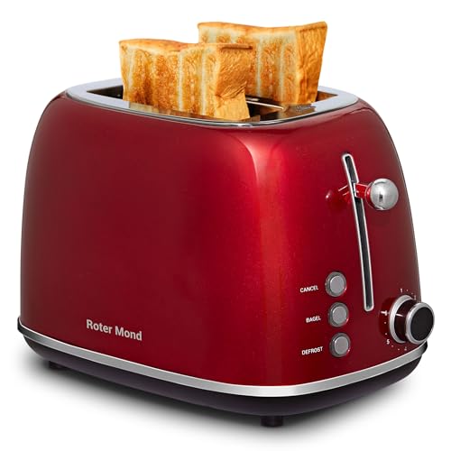 Roter Mond 2 Slice Toaster Retro Stainless Steel with Bagel, Cancel, and Defrost Functions, 6 Bread Shade Settings, Extra Wide Slots and Removable Crumb Tray, Red - color: Red