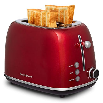 Roter Mond 2 Slice Toaster Retro Stainless Steel with Bagel, Cancel, and Defrost Functions, 6 Bread Shade Settings, Extra Wide Slots and Removable Crumb Tray, Red - color: Red