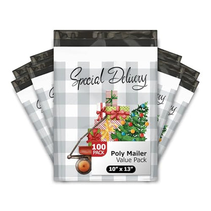 10x13 (100) Christmas Wagon Designer Winter Poly Mailers Self Sealing Waterproof Shipping Envelopes Holiday Premium Printed Mailing Bags For Small Businesses - color: Christmas Wagon, size: 10x13