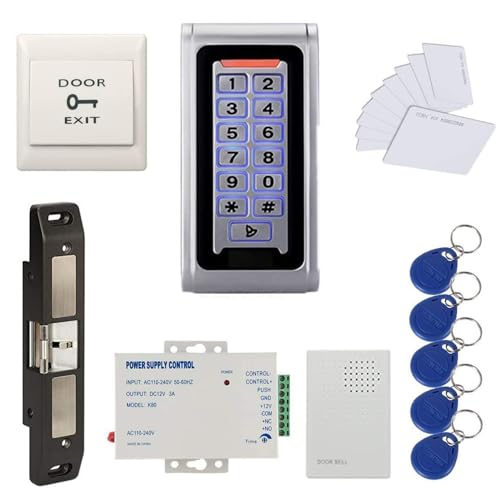Waterproof Metal RFID+PIN Code Door Security Access Control System Kits with Push Bar Strike Lock,110V-240V Power Supply Unit,Exit Button,RFID Cards/Key Fobs - style: Panic Bar Strike