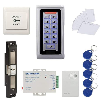 Waterproof Metal RFID+PIN Code Door Security Access Control System Kits with Push Bar Strike Lock,110V-240V Power Supply Unit,Exit Button,RFID Cards/Key Fobs - style: Panic Bar Strike
