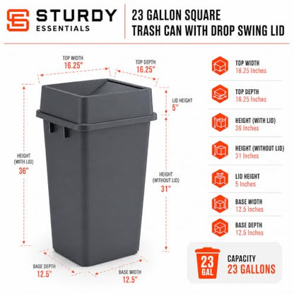 23 Gallon Gray Square Plastic Kitchen Trash Can with Drop Lid - color: Gray