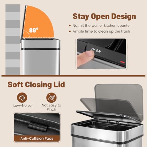 Goplus 19 Gal Motion Sensor Trash Can, 72 L Volume in 4 Containers, Touchless Trash Bin w/Kitchen Waste Bin & 2 Bottom Recycling Bins, Stainless Steel Garbage Can w/Soft Close Lid, Battery Operated - color: Silver, size: 19 Gallon